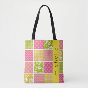 Patchwork, Zigzag, Polka Dots, Gingham, Your Name Tote Bag