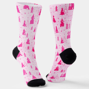 Patel Pink Christmas Tree Falling Snow Elegant Socks