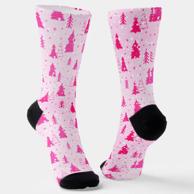 Patel Pink Christmas Tree Falling Snow Elegant Socks (Angled)
