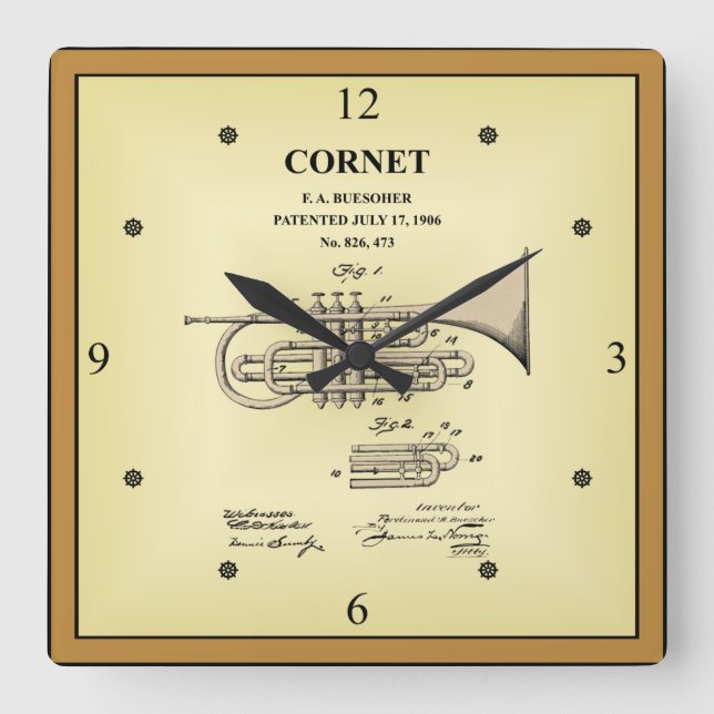 Patent Drawing ~ F. A. Buesoher ~ Cornet ~ Square Wall Clock (Front)
