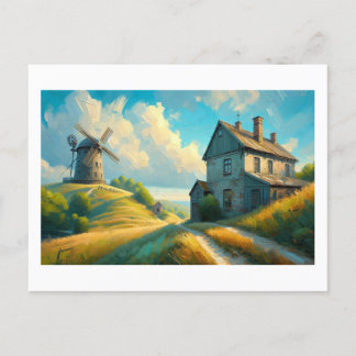 Path to Rustic House and Windmill,  Postcard