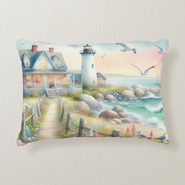 Pathway to the Lighthouse Coastal Cottage Accent Pillow (Front)