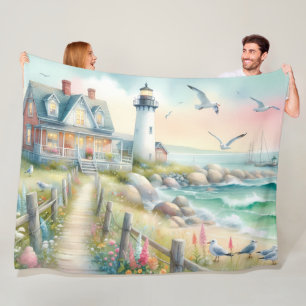 Pathway to the Lighthouse Coastal Cottage Fleece Blanket