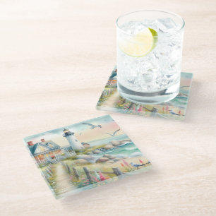 Pathway to the Lighthouse Coastal Cottage Glass Coaster