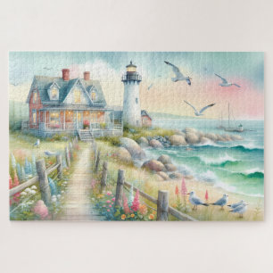 Pathway to the Lighthouse Coastal Cottage Jigsaw Puzzle