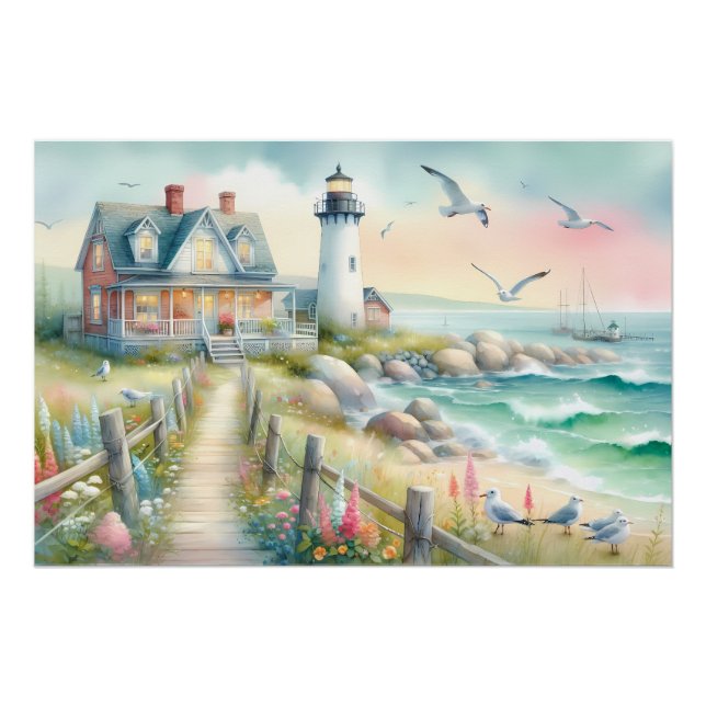 Pathway to the Lighthouse Coastal Cottage Poster (Front)