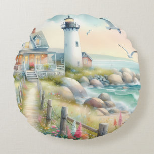 Pathway to the Lighthouse Coastal Cottage Round Pillow