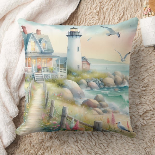 Pathway to the Lighthouse Coastal Cottage Throw Pillow (Blanket)