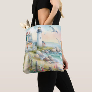 Pathway to the Lighthouse Coastal Cottage Tote Bag