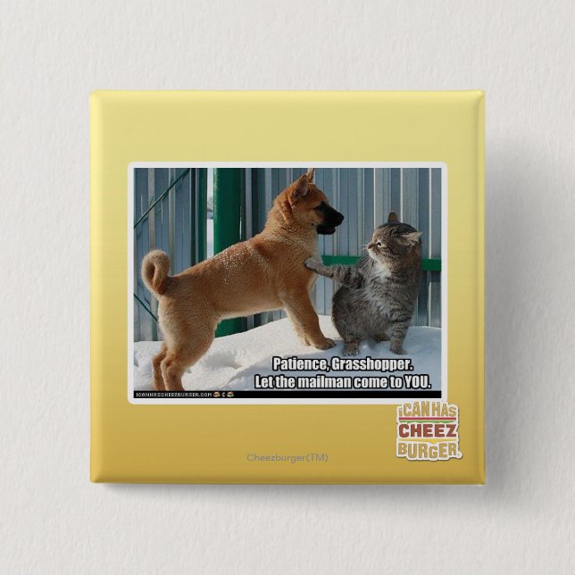 Patience, Grasshopper. 2 Inch Square Button (Front)