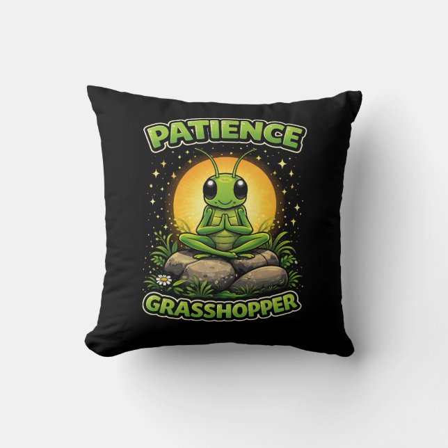 Patience Grasshopper Throw Pillow (Front)