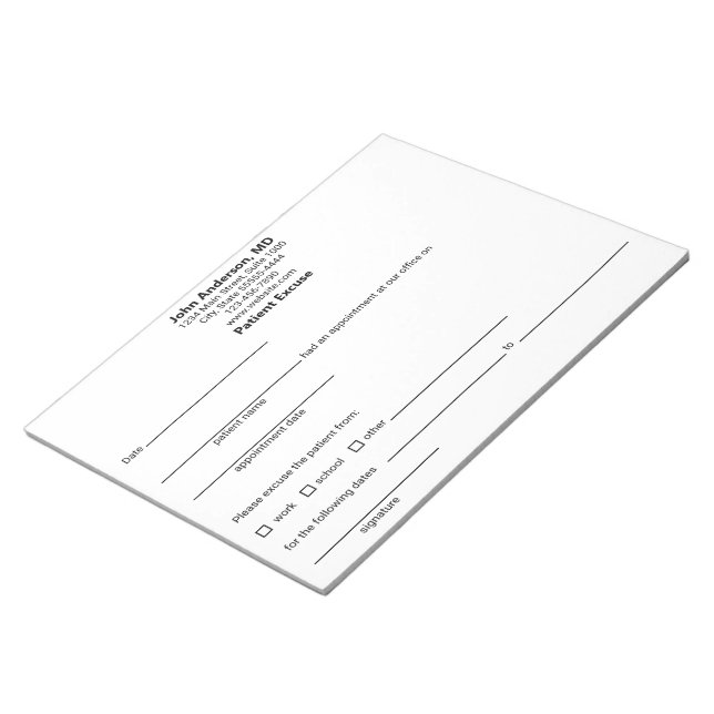 Patient Excuse from Doctor's Office Template White Notepad (Angled)