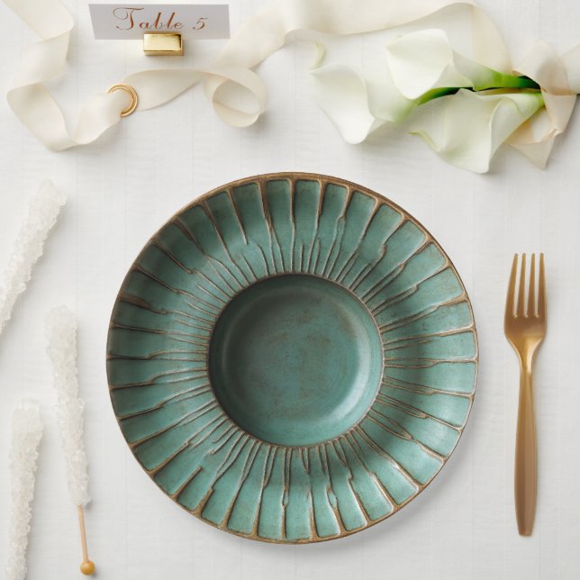 Patina Green & Antique Gold Pottery-Inspired Paper Plate (Wedding)
