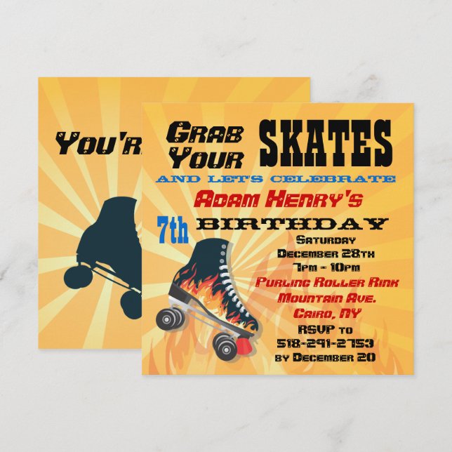 Patinage à rouleaux flamboyant Invitation de fête  (Devant / Derrière)