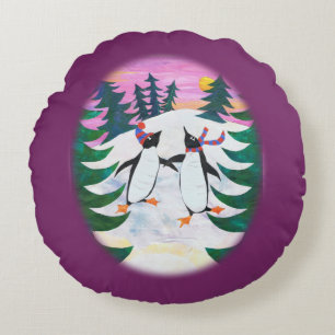 Patinage mignon pingouins Coussin rond scène neige