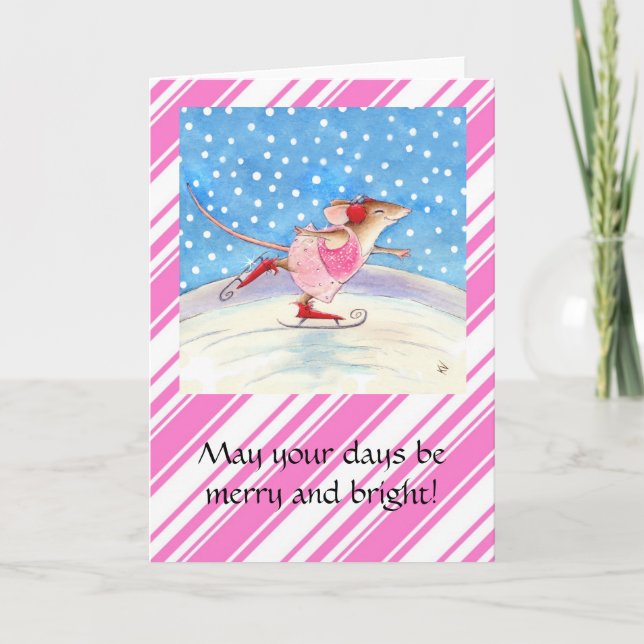 Patinage Souris rose Carte de voeux de Noël (Devant)