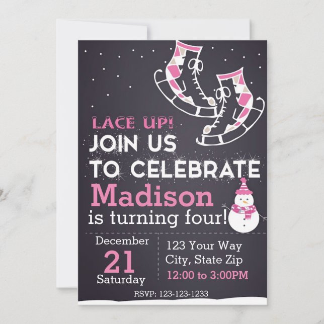 Patinage sur glace Invitation d'anniversaire (rose (Devant)