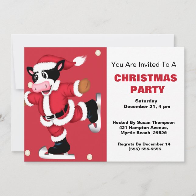 Patinage sur glace Vache Noël Fête Invitation (Devant)