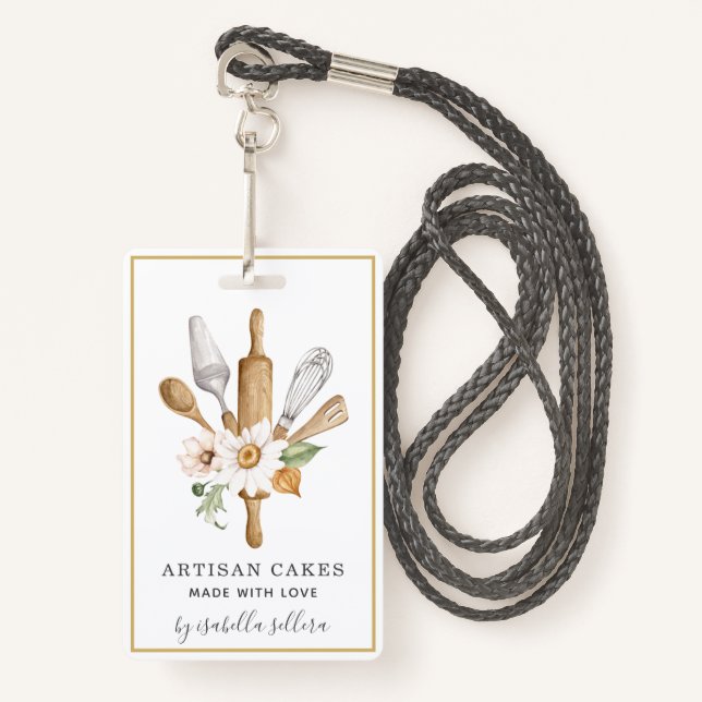 Pâtisserie Baker Chef Aquarelle Badge d'affaires (Devant avec lanière)