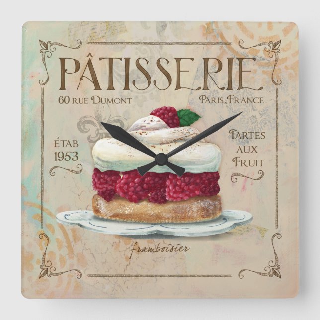 Patisserie Clock, "Frambosier" Square Wall Clock (Front)