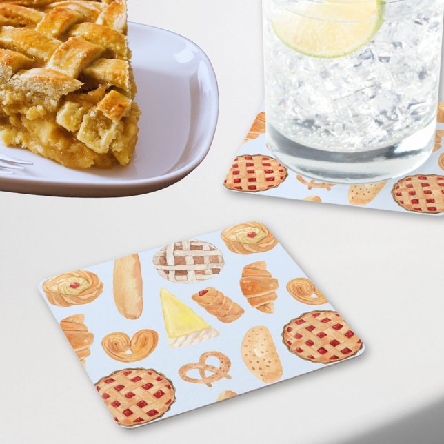 Patisserie French Bakery Pastry Bread Food Art Square Paper Coaster (In situ)