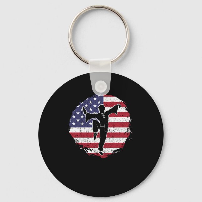 Patreotic Karate Kung Fu Fighter USA Flag Gift Keychain (Front)