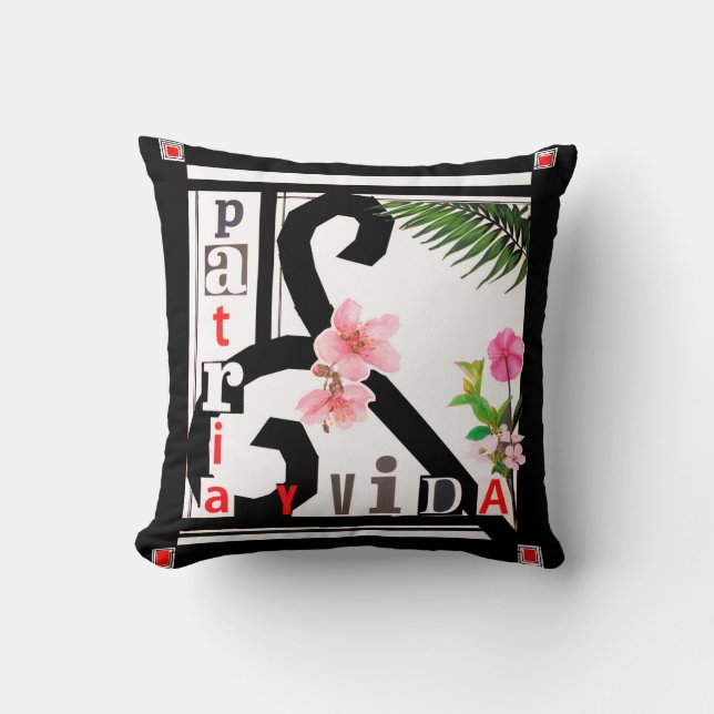 Patria y Vida Black Frame Pink Flowers Throw Pillow (Front)