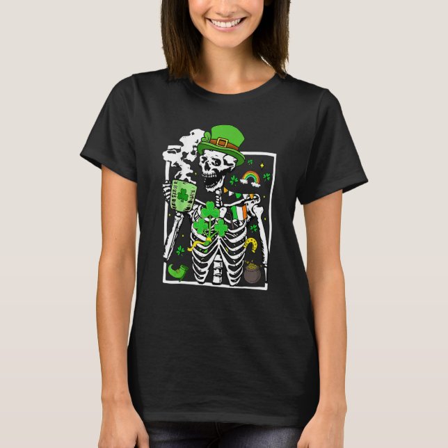 Patrick's Day Skeleton Shamrock Skull Drinking Cof T-Shirt (Front)