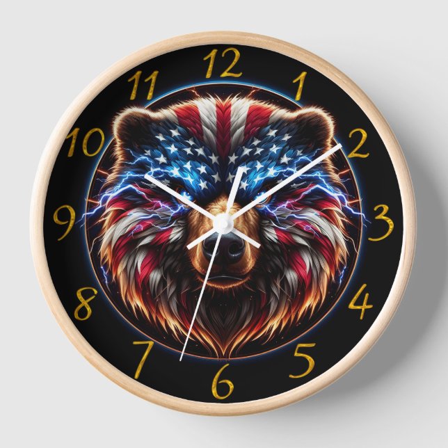 Patriot Bear With Flag Crown Clock (Front)