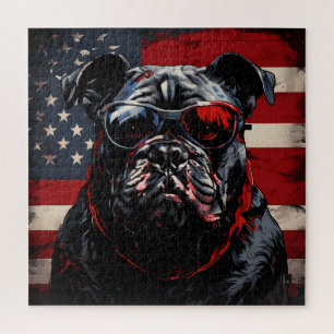 Patriot Bulldog with American Flag 4th of July Jigsaw Puzzle