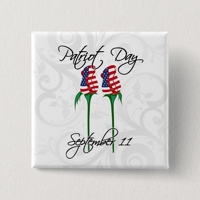 Patriot Day, Two American Flag Roses 2 Inch Square Button (Front)