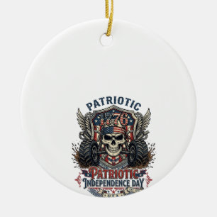 Patriotic 1776 Off Road Skull Monster Truck Heavy Ceramic Ornament