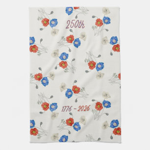 Patriotic 250th red white & blue 1776-2026 poppy kitchen towel