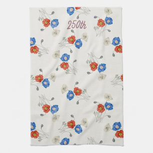 Patriotic 250th red white & blue watercolor poppy kitchen towel
