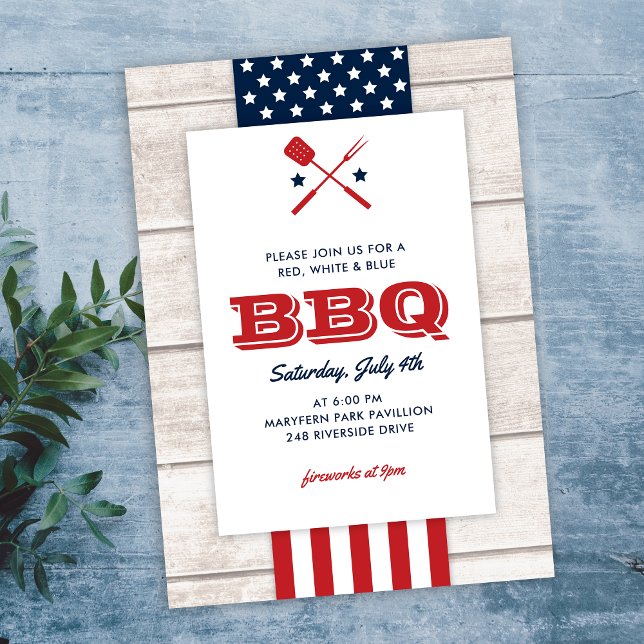 Patriotic 4th of July BBQ Rustic Wood Invitation (Creator Uploaded)