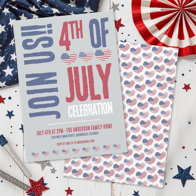 Patriotic 4th Of July Party Invitation (Cute Rustic Heart American Flag 4th Of July Party Invitation)