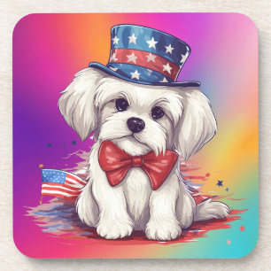 Patriotic 4th of July White Cute Puppy Dog-43568 Coaster