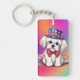 Patriotic 4th of July White Cute Puppy Dog-43568 Keychain