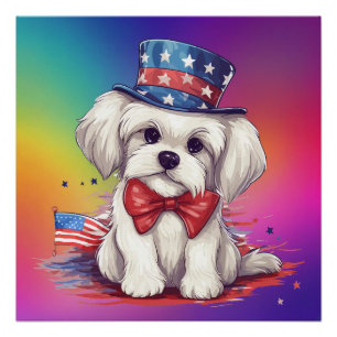Patriotic 4th of July White Cute Puppy Dog-43568 Poster