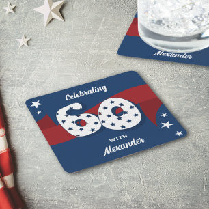 Patriotic 60th Birthday Party Red White Blue Stars Square Paper Coaster