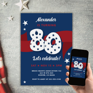 Patriotic 80th Birthday Party Red White Blue Stars Invitation