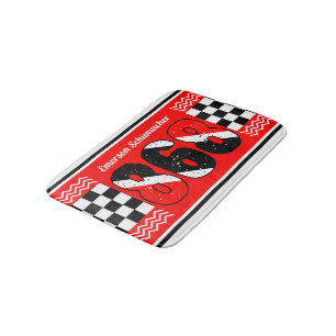 PATRIOTIC 868 Your Name Chequered Flag on RED Bath Mat