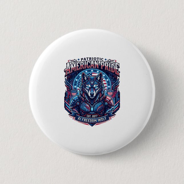 Patriotic Ai Freedom Wolf Cyberpunk Future Freedom 2 Inch Round Button (Front)