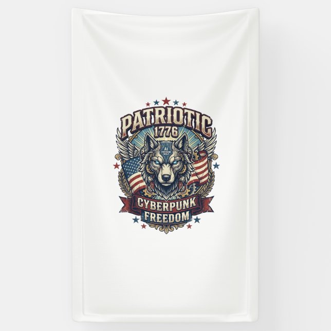 Patriotic Ai Freedom Wolf Cyberpunk Future Freedom Banner (Vertical)