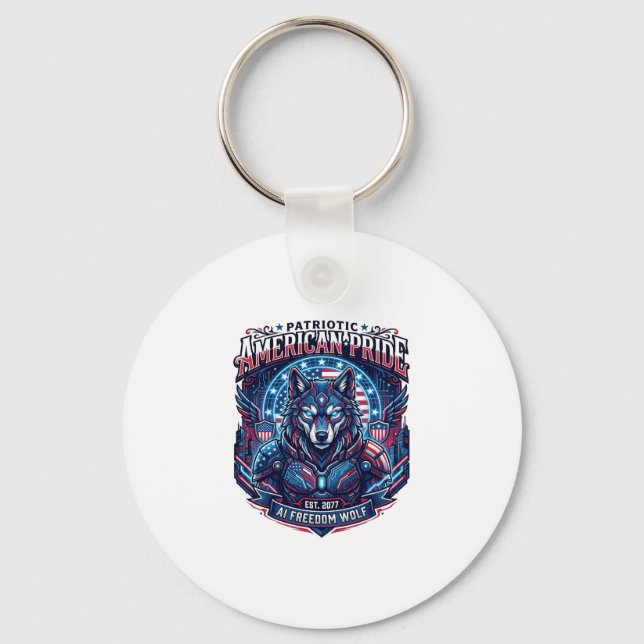 Patriotic Ai Freedom Wolf Cyberpunk Future Freedom Keychain (Front)