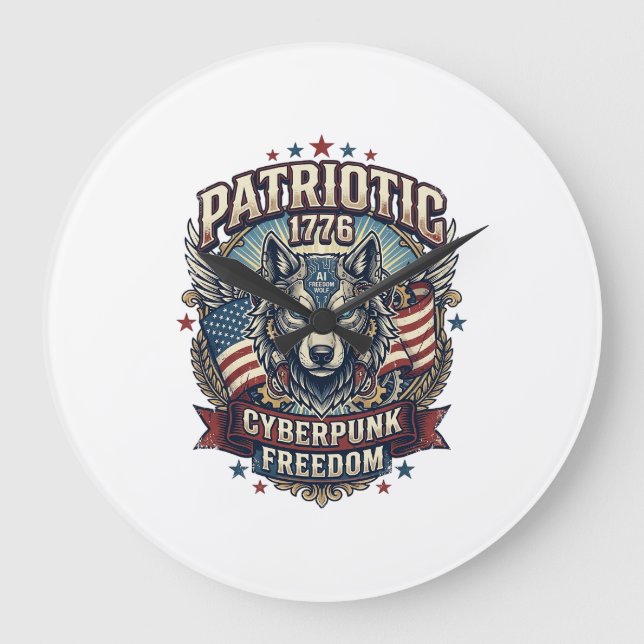 Patriotic Ai Freedom Wolf Cyberpunk Future Freedom Large Clock (Front)