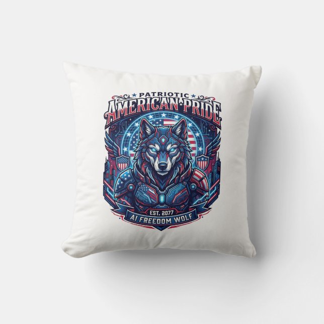 Patriotic Ai Freedom Wolf Cyberpunk Future Freedom Throw Pillow (Front)
