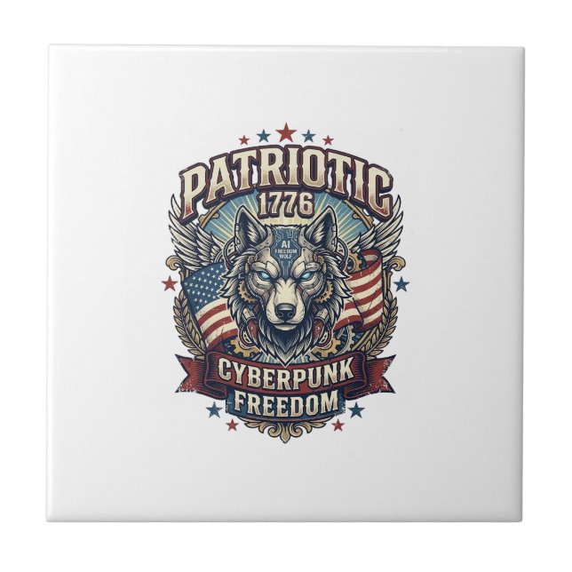 Patriotic Ai Freedom Wolf Cyberpunk Future Freedom Tile (Front)