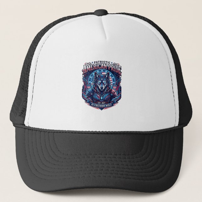 Patriotic Ai Freedom Wolf Cyberpunk Future Freedom Trucker Hat (Front)