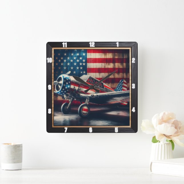 Patriotic Airplane with American Flag Square Wall Clock (Home)